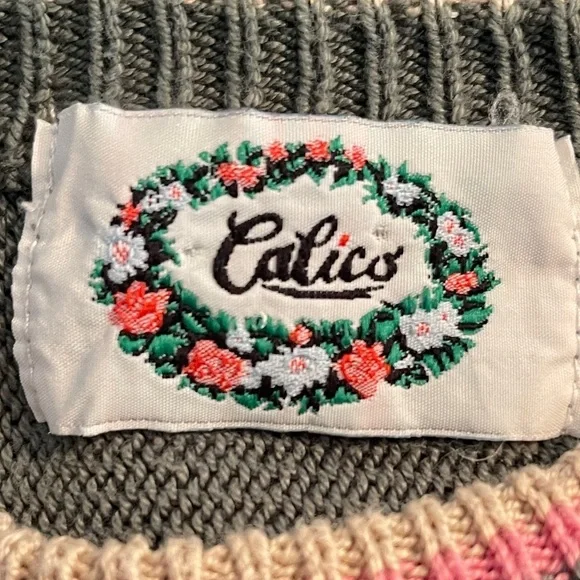 Vintage 80s Calico Floral Appliqué Sweater Top Cottagecore Preppy Knit Blouse - Picture 5 of 8